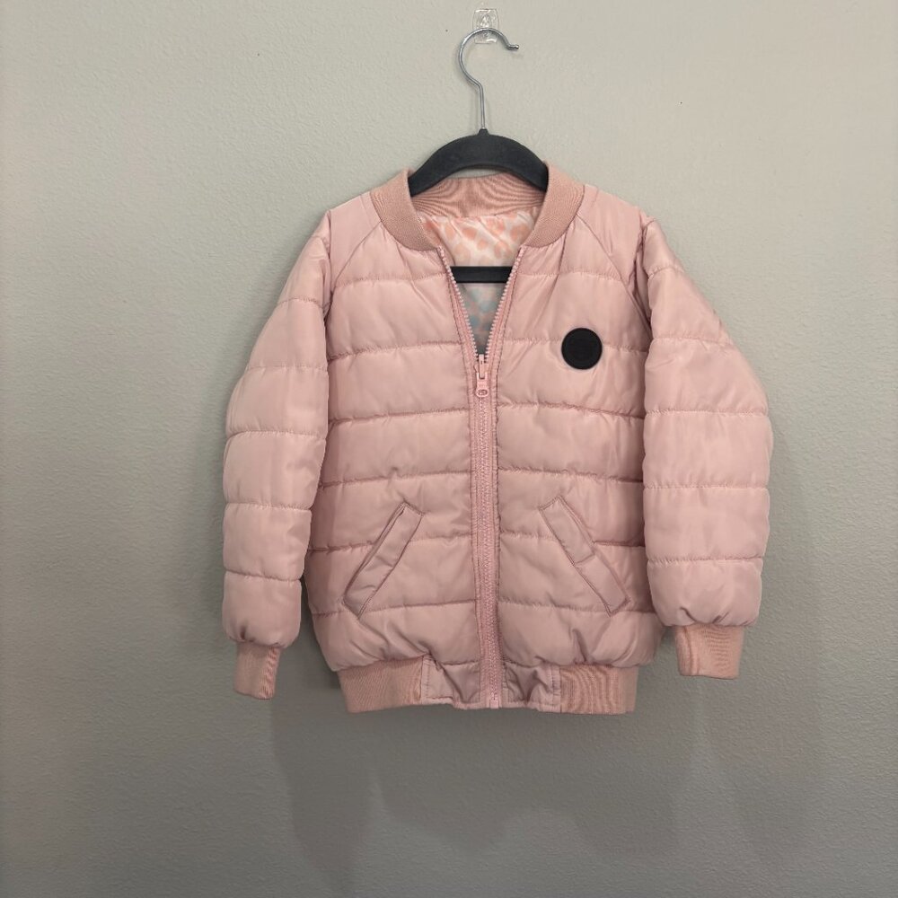 Huxbaby reversible light pink/cream with pastel splotches puffer coat